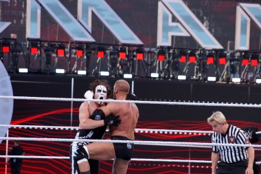 Triple H knees Sting as they lock-up in ring during match