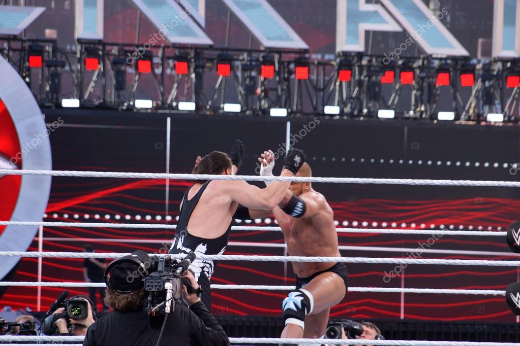 SANTA CLARA - MARCH 29: Triple H and Sting lock-up in ring during match at Wrestlemania 31 at the Levi's Stadium in Santa Clara, California on March 29, 2015.