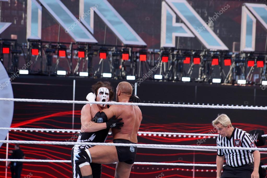 SANTA CLARA - MARCH 29: Triple H knees Sting as they lock-up in ring during match at Wrestlemania 31 at the Levi's Stadium in Santa Clara, California on March 29, 2015.