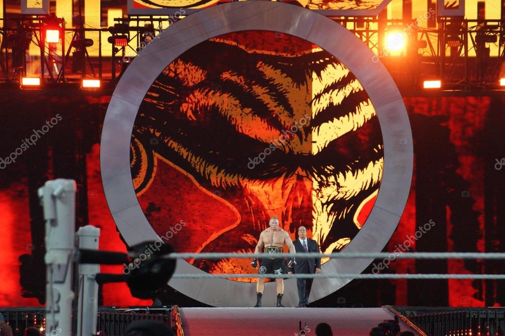 SANTA CLARA - MARCH 29: WWE Champion Brock Lesner and agent Paul Heyman enters arena at, showcase of the immortals, Wrestlemania 31, as night falls with fans cheering at the Levi's Stadium in Santa Clara, California on March 29, 2015.