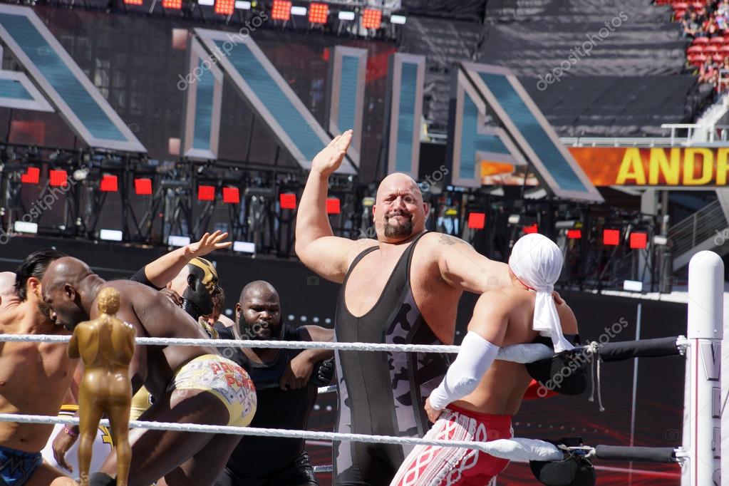 SANTA CLARA - MARCH 29: WWE Wrestler Big Show sets to slap chest of Los Matadores as other wrestlers fight in ring during andre the giant battle royal 2015 at Wrestlemania 31 at the Levi's Stadium in Santa Clara, California on March 29, 2015.