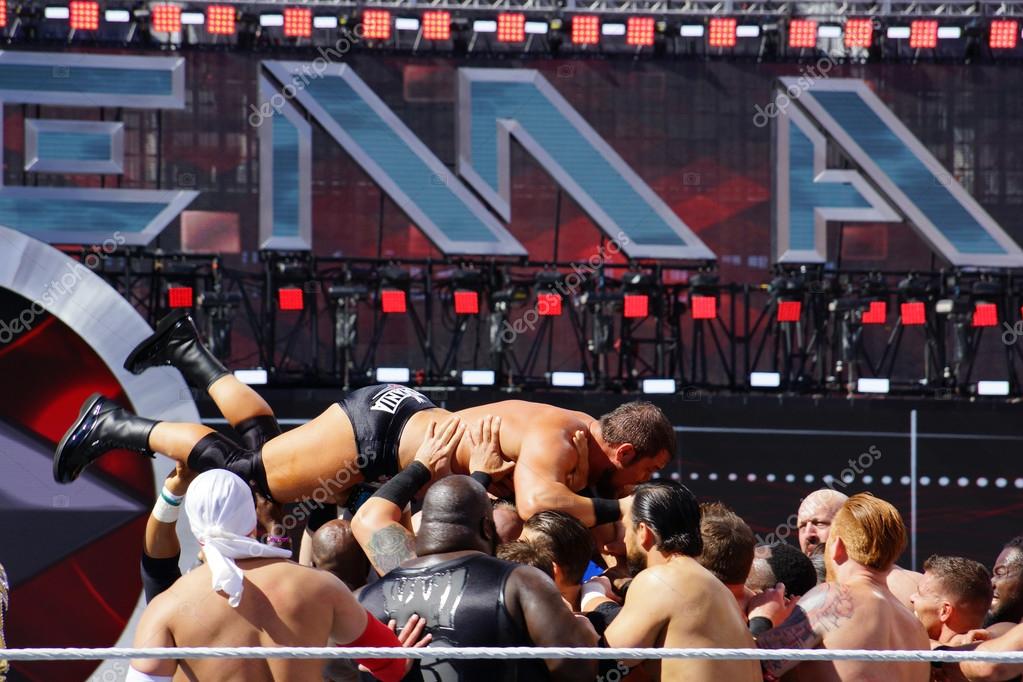 SANTA CLARA - MARCH 29: WWE Wrestlers float Curtis Axel, axelmania, out of the ring during andre the giant battle royal 2015 at Wrestlemania 31 at the Levi's Stadium in Santa Clara, California on March 29, 2015.