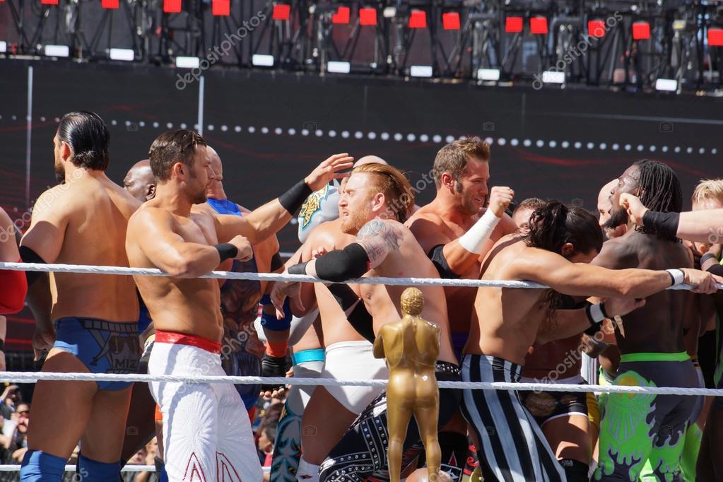 SANTA CLARA - MARCH 29: WWE Wrestlers fight in ring during andre the giant battle royal 2015 at Wrestlemania 31 at the Levi's Stadium in Santa Clara, California on March 29, 2015.