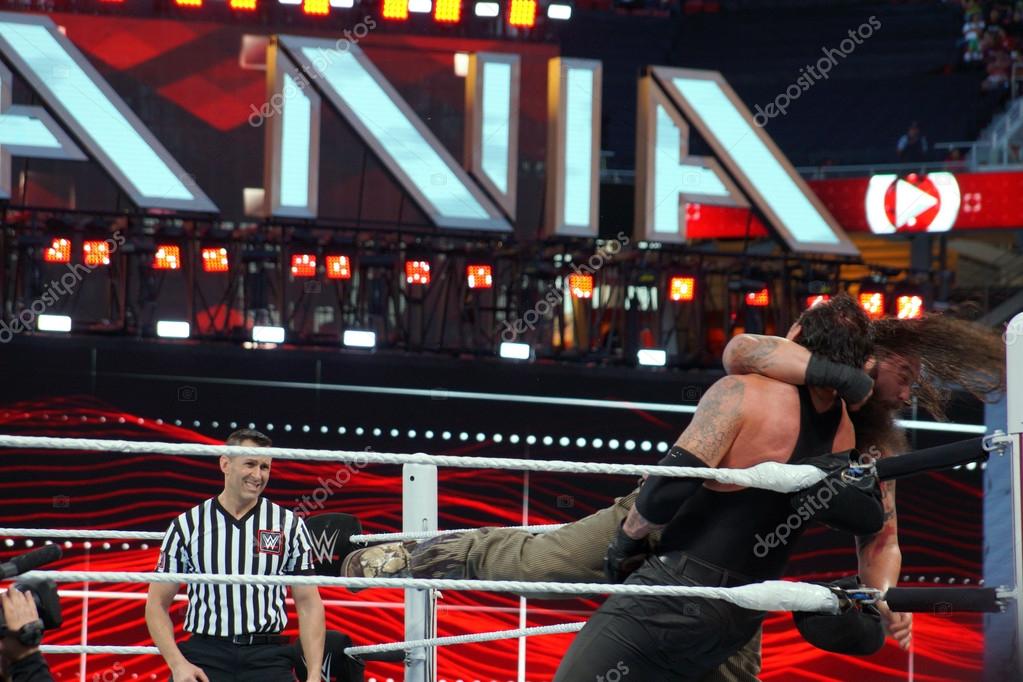 SANTA CLARA - MARCH 29: WWE Wrestler Bray Wyatt clotheslines the Undertaker in the corner of the ring during match at Wrestlemania 31 at the Levi's Stadium in Santa Clara, California on March 29, 2015.