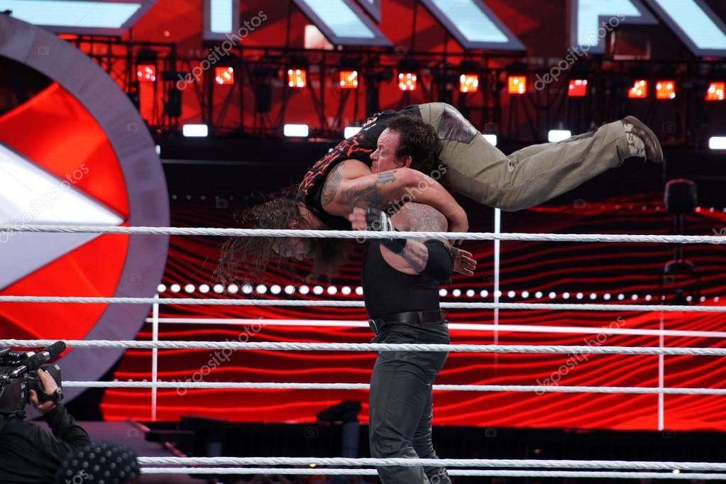 SANTA CLARA - MARCH 29: WWE Wrestler the Undertaker tombstone piledrivers Bray Wyatt middle of ring during match at Wrestlemania 31 at the Levi's Stadium in Santa Clara, California on March 29, 2015.