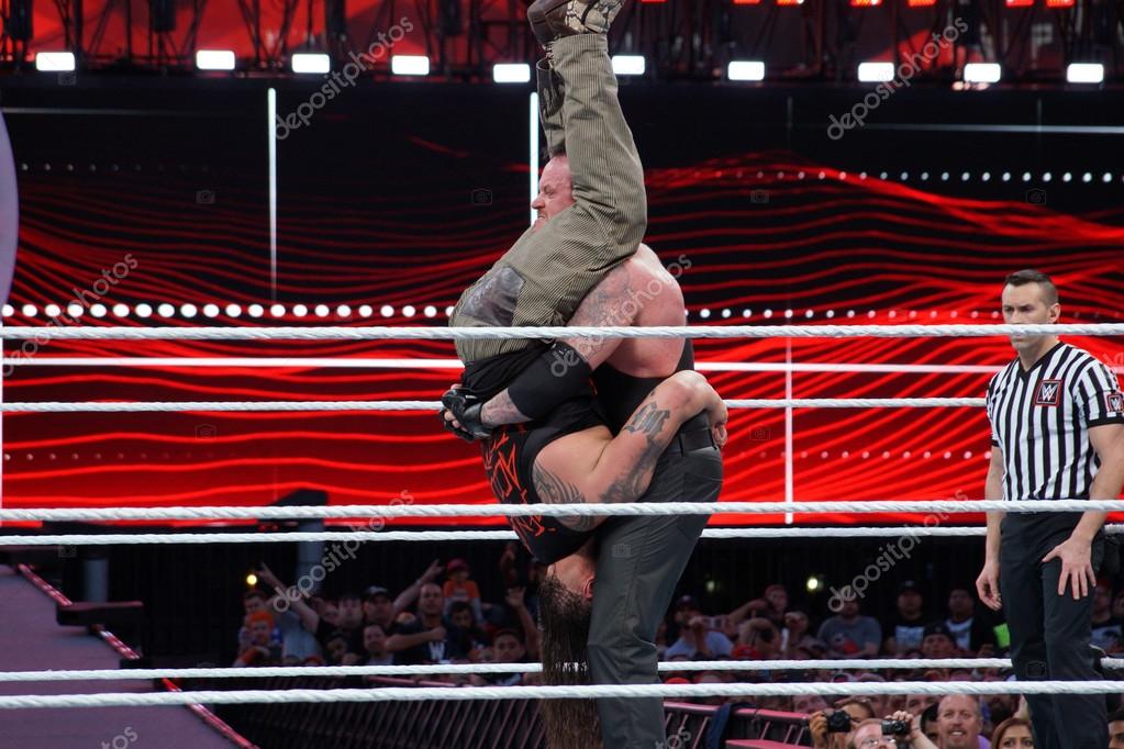 SANTA CLARA - MARCH 29: WWE Wrestler the Undertaker tombstone piledrivers Bray Wyatt middle of ring during match at Wrestlemania 31 at the Levi's Stadium in Santa Clara, California on March 29, 2015.