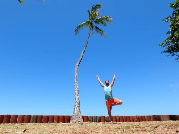树与双臂上举入海滩公园空气构成的男人 — 图库照片