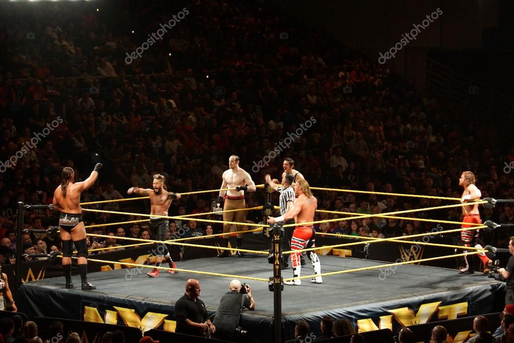 SAN JOSE - MARCH 27: NXT Tag Team Champions Blake and Murphy with the vaudevillians and Enzo Amore, Big Cass in the ring in triple threat tag team match at the San Jose Event Center in San Jose, California on March 27, 2015.