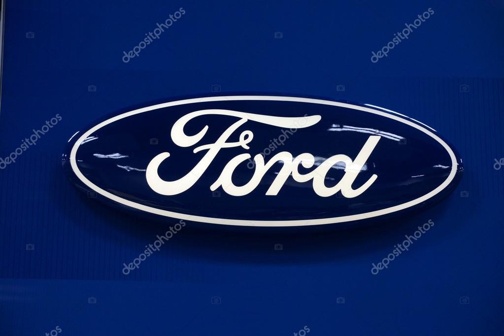 HONOLULU - MARCH 14, 2015: Ford Logo on Blue background at the Motor Show exhibition - 2015 First Hawaiian International Auto Show at the Convention Center in Oahu, Hawaii.  March 14, 2015.