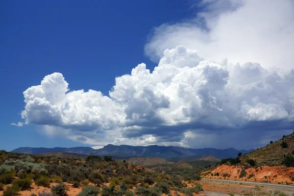 Eine kurvenreiche Straße durch eine Wüste in utah und blauem bewölkten Himmel — Stockfoto