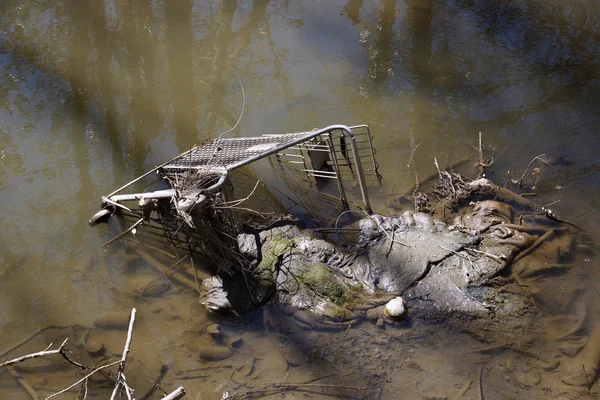 Carro de compras abandonado en agua fangosa — Foto de Stock