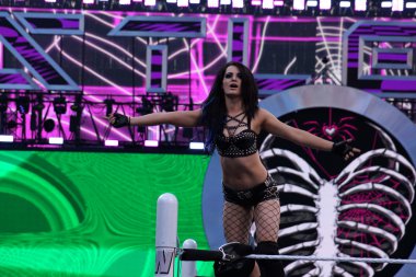 WWE Diva Paige ile kollarında halka ipler üstte duruyor