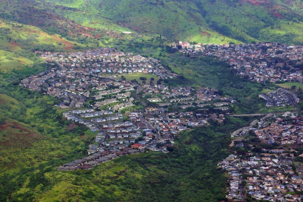 Vue aérienne des quartiers de banlieue entourés de végétation luxuriante verte — Photo