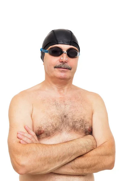 Ηλικιωμένος άνδρας ετοιμάζεται να κολυμπήσετε. Στο κεφάλι του, φορώντας ένα ειδικό — Φωτογραφία Αρχείου