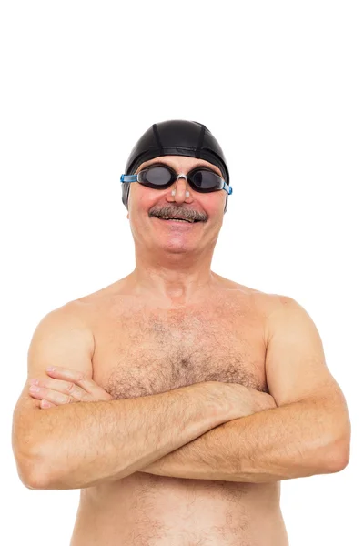 Idős ember arra készül, hogy úszni. A fején viselt egy speciális — Stock Fotó