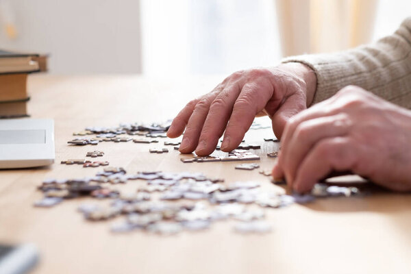 Senior male hands working on a puzzle at home