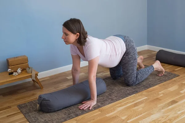 Doğum öncesi yoga meditasyonu. Hamile kadın evde yoga meditasyonu yapıyor. — Stok fotoğraf