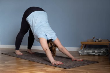 Kadın köpek pozu ya da adho mukha svanasana ile karşı karşıya..