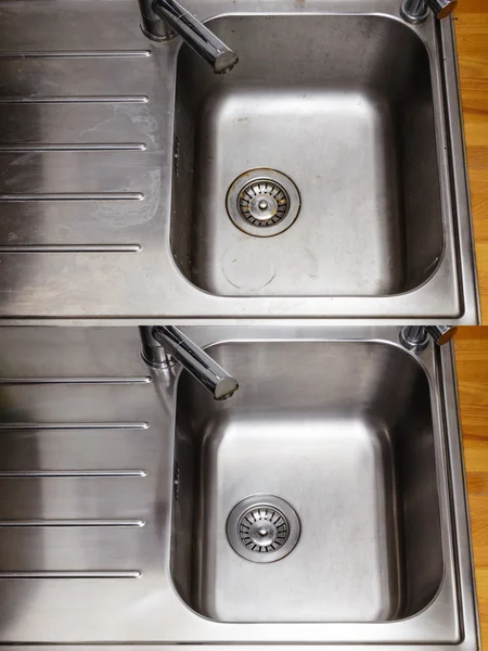 Dirty and cleaned to shine sink in the kitchen — Stock Photo, Image