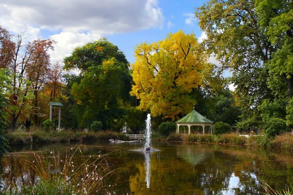 Lago Parco Autunnale Con Fontana Gazebo — Foto Stock