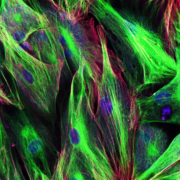 Mikroskopia konfokalna komórek fibroblastów — Zdjęcie stockowe