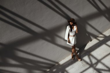 kuzgun saçlı Hint Bayan metal stractures geometrik gölgelerde poz