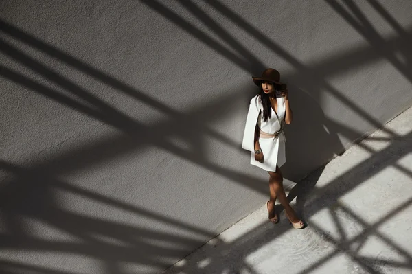 Raven haired indian lady posing in geometrical shadows of metal stractures — Stock Photo, Image