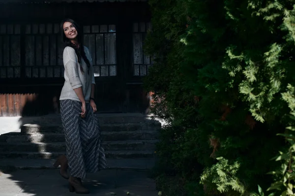 Country lady in tree shadows — Stock Photo, Image