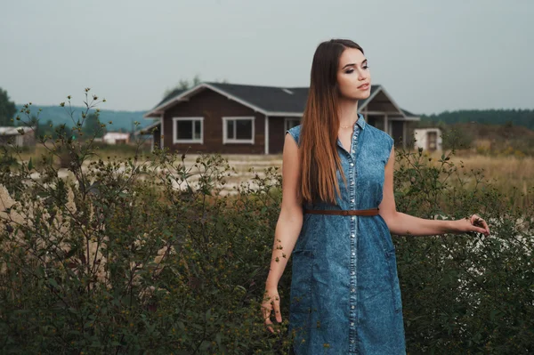Carino campagna signora in piedi in erba alta contro ranch casa — Foto Stock