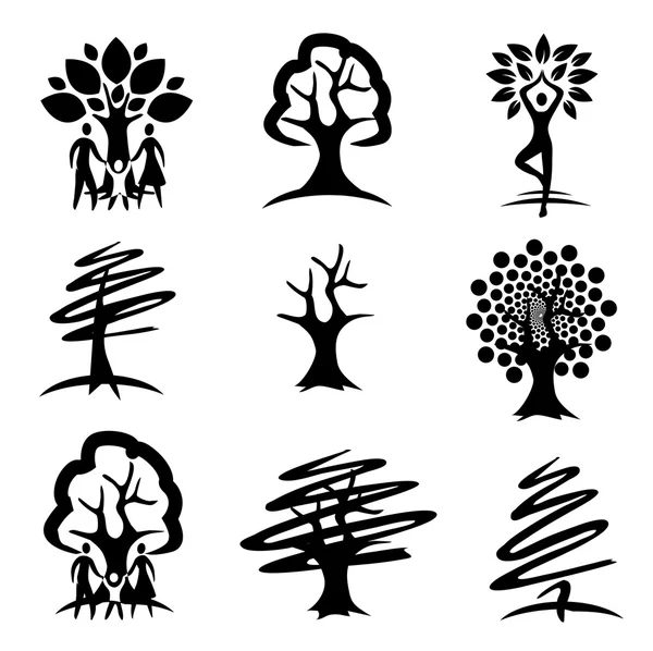 Pessoas e árvores ícones pretos . — Vetor de Stock