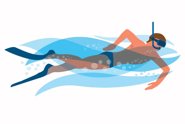 Hombre de snorkel en olas — Vector de stock