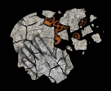 Zihinsel hastalık Alzheimer hastalığı, söz konusu bile olamaz. Kuru çatlamış toprak ve teçhizatlı stilize erkek baş silueti psikiyatrik sorunları sembolize ediyor. Görüntü gerçek insanları göstermiyor.