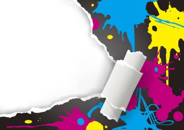 CMYK renklerinde yırtılmış kağıt sıçraması. Resmin ya da metnin için yeri olan yırtılmış kağıt. Renk yazdırma konsepti. Kullanılabilir vektör.