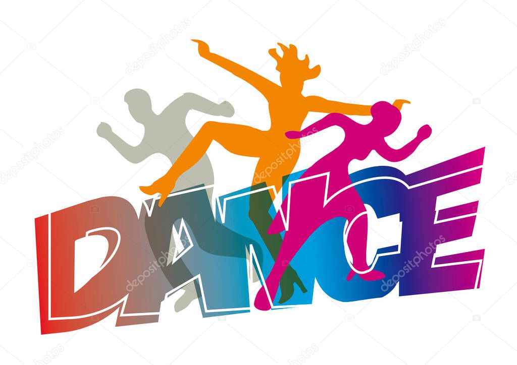 Disco, modern dance dancers.Stylized expressive  illustration of silhouettes of young dancers with inscription  DANCE .Vector available