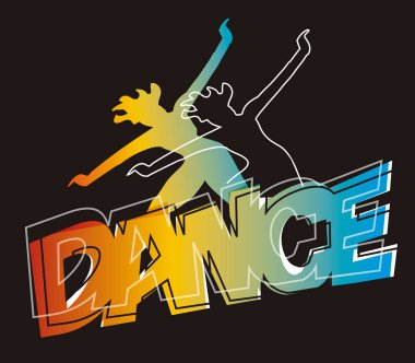 Disko, aerobik dansı. Dans eden kız siluetlerinin, üzerinde dans yazıları olan, stilize bir tasviri. Kullanılabilir vektör.