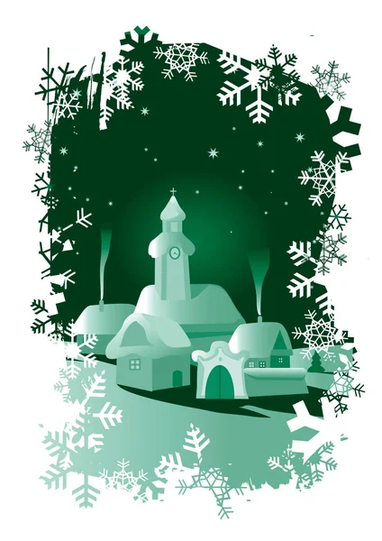 Christmas Winter Landscape Grunge Snowflakes Background Illustration Night Landscape Church — Stock Vector