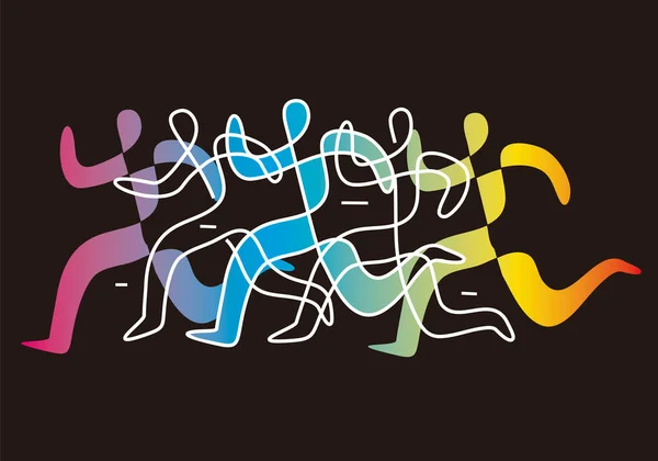 フィットネスランニング マラソンレース 黒を背景に走る人々のカラフルな線形スタイルのイラスト ベクトル利用可能 — ストックベクタ