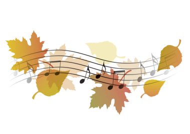 Sonbahar melodileri, sonbahar yapraklarıyla sonbahar şarkılarını sembolize eden dalgalı müzik notaları. Kullanılabilir vektör