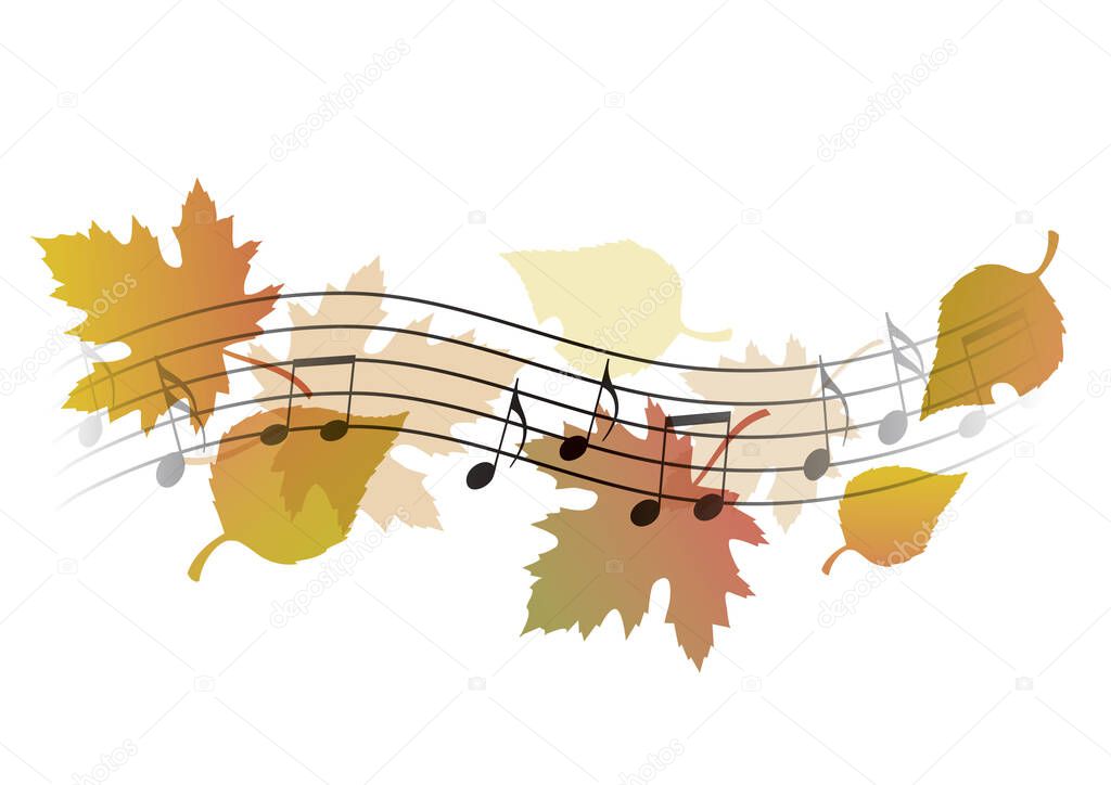 Autumn melodies, musical notesIllustration of wavy music notation with autumn leaves symbolizing autumn song. Vector available