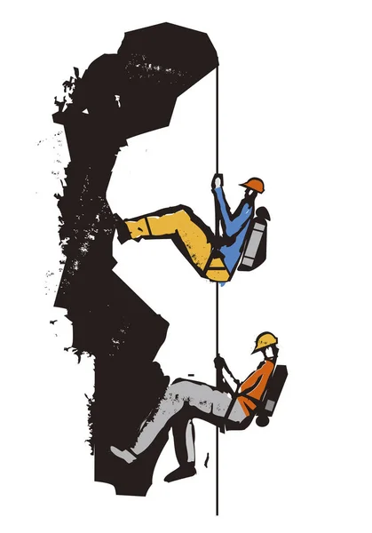 ロープ 漫画の2つの登山家 岩の中に2人の登山家 グランジ風イラスト Linocutを真似たイラスト — ストックベクタ