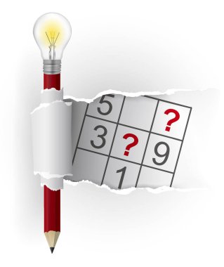 Ampul ve sudokuma ile akıllı kalem. Beyaz yırtık kağıtlı resim, ampullü kalem ve sudoku. Kullanılabilir vektör.