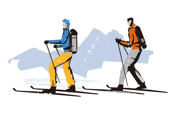 Esquiadores Turismo Alpinos Desenho Estilizado Dois Esquiadores Turismo Alpinos Vetor — Vetor de Stock