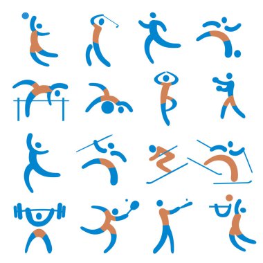 Spor fitness ikonları. Spor, spor, spor ve sağlıklı yaşam tarzı aktiviteleri içeren renkli semboller. Kullanılabilir vektör.