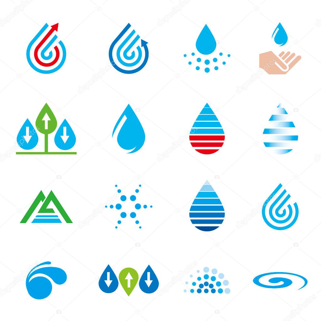 Water icons and design elements.Set of water drops symbols. Isolated on white background.Vector available.