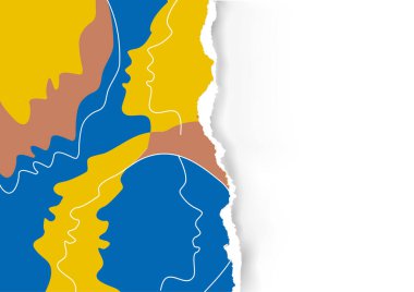 İnsan kafaları renkli arka plan, insanların duyguları, yırtık kağıt arkaplan. Farklı insanların tasvir edilmiş tasviri. Metnin ya da resmin için plaket. Kullanılabilir vektör.