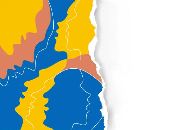 Menselijke Hoofden Gekleurde Achtergrond Mensen Emotie Gescheurd Papier Achtergrond Gestileerde — Stockvector