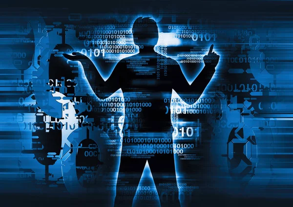プログラマー コンピュータの専門家の男性のシルエット スタイル化された男性のシルエット プログラマー バイナリコードの青い背景にコンピュータの専門家ジェスチャー — ストック写真