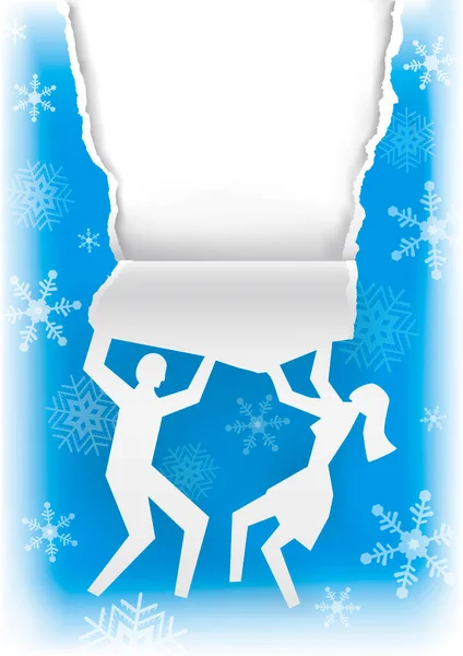 Coppia Strappando Carta Decorativa Natale Sfondo Biglietto Auguro Silhouette Coppia — Vettoriale Stock