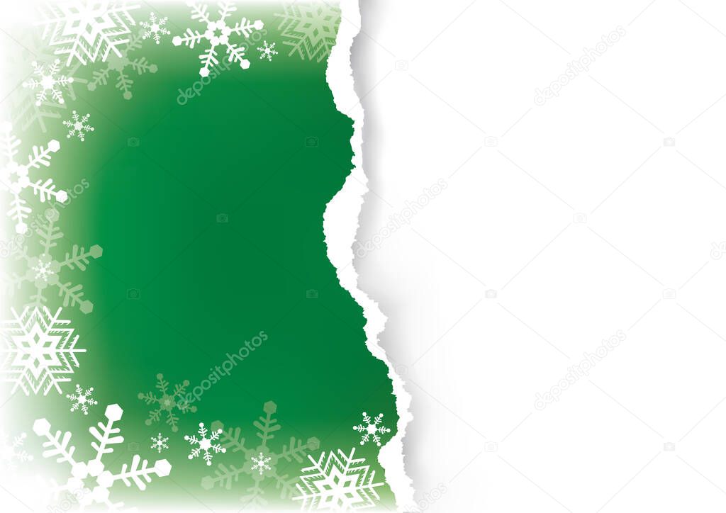 Christmas ripped paper, green decorative background.Illustration of green torn paper background with snowflakes and place for your text or image. Vector available