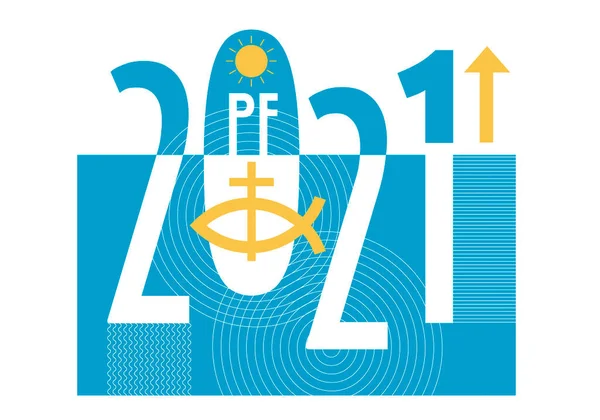 イエス魚のシンボル 新年の挨拶カード 装飾的な背景に 十字架とイエス魚のシンボルとPfカード新年2021 ベクトル利用可能 — ストックベクタ